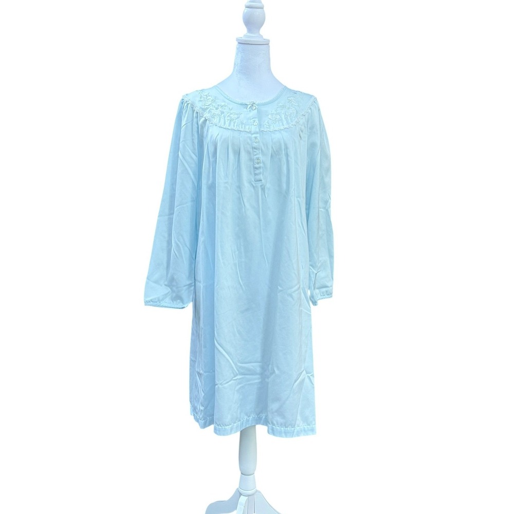 Vintage Miss Elaine Nightgown Womens M Blue Floral Embroidered Lace Long Sleeve